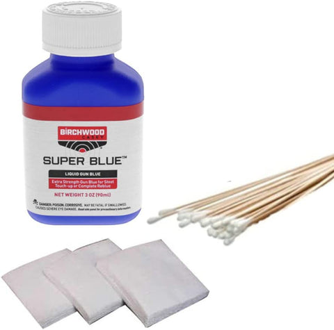 Super Blue Liquid Gun Blue Bottle - Double Strength Bluing Plus 25 Quality Cotton Swabs and 3" Cotton Patches for Restoring Guns and Other Metal Items