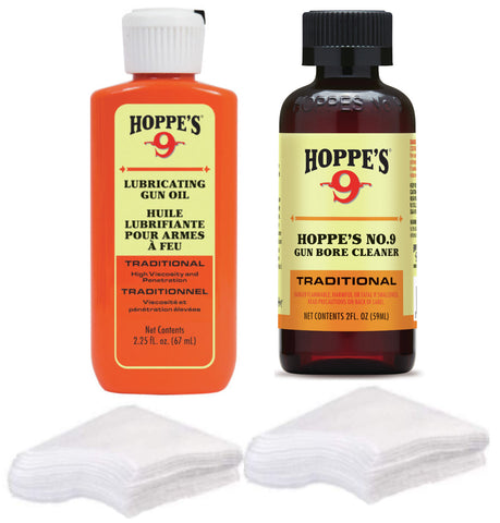 Hoppes Gun Cleaning Kit - Includes Cleaner and Gun Oil Plus Patches for 9mm-.45 Caliber Pistols, Rifles