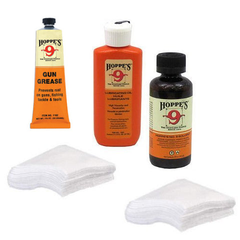 Gun Cleaning Kit with Hoppes Cleaner, Oil, and Grease and Patches for 9mm - .45 Caliber