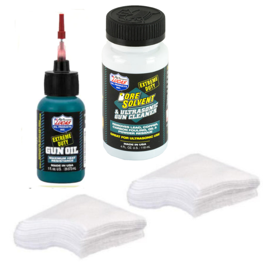 Lucas Gun Bore Cleaner & Extreme Duty Gun Oil & Cleaning Patches Kit for 9mm - 45 Caliber Made in The USA